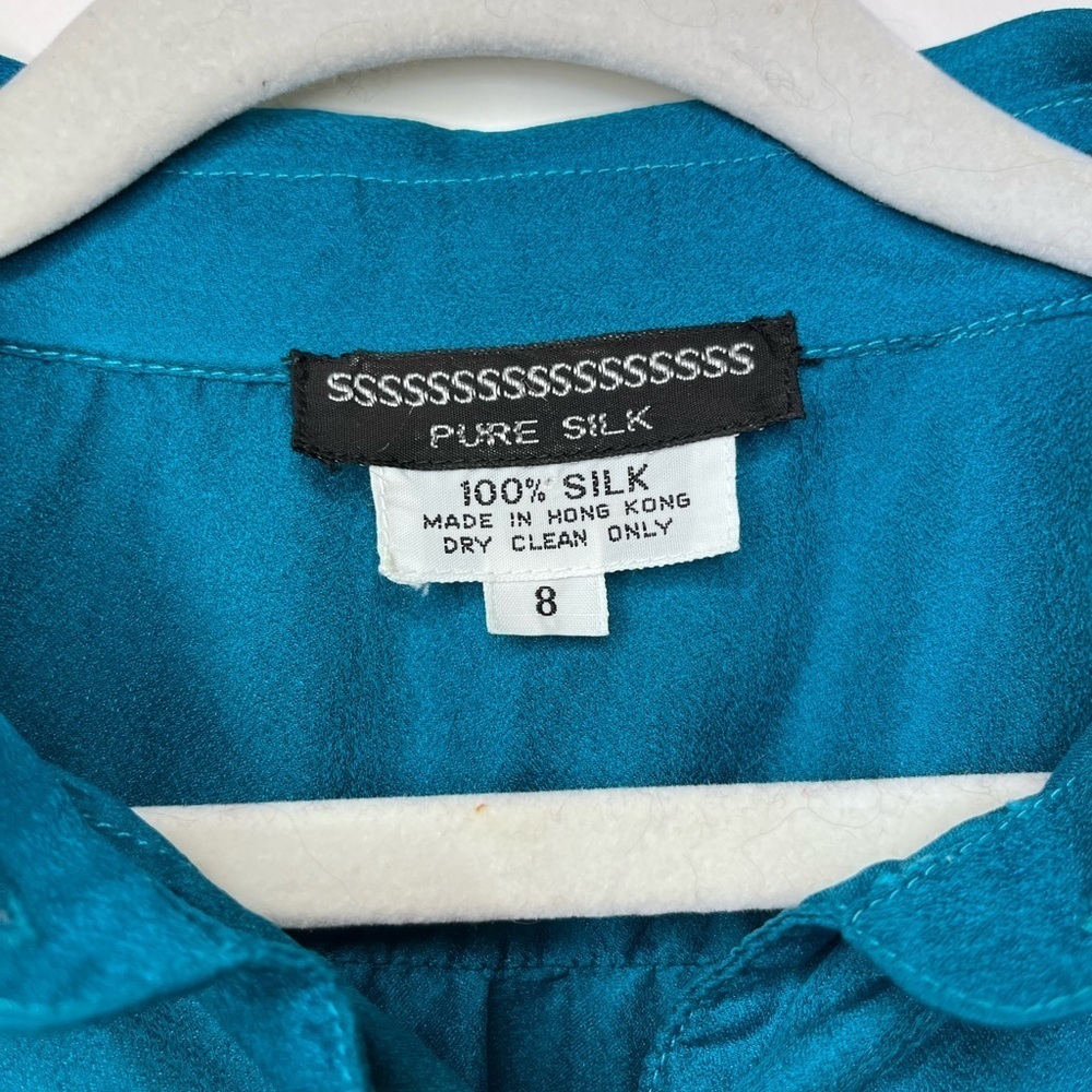 Vintage SSSSS 100% Silk Button-Up Blouse Emerald Teal VTG Womens Sz 8 Modern S - Picture 6 of 6